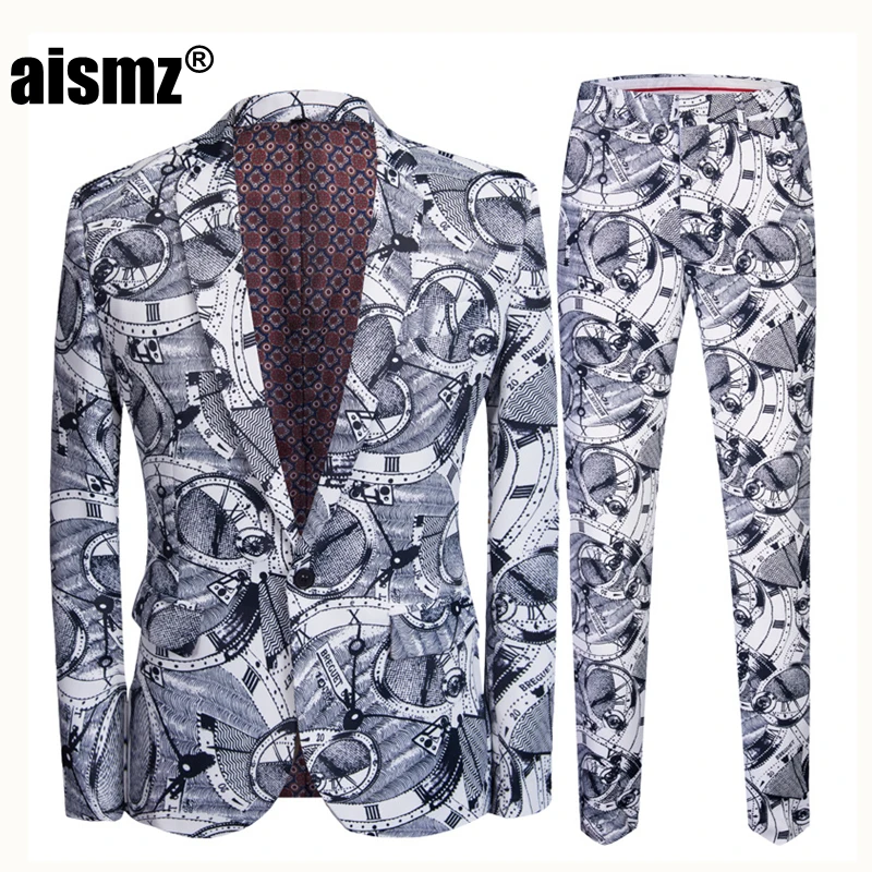 Aismz бренд Tide Мужской с модным принтом 2 шт. набор повседневные Костюмы размера плюс хип горячий Мужской приталенный костюм для мужчин певица свадебный костюм - Цвет: 16