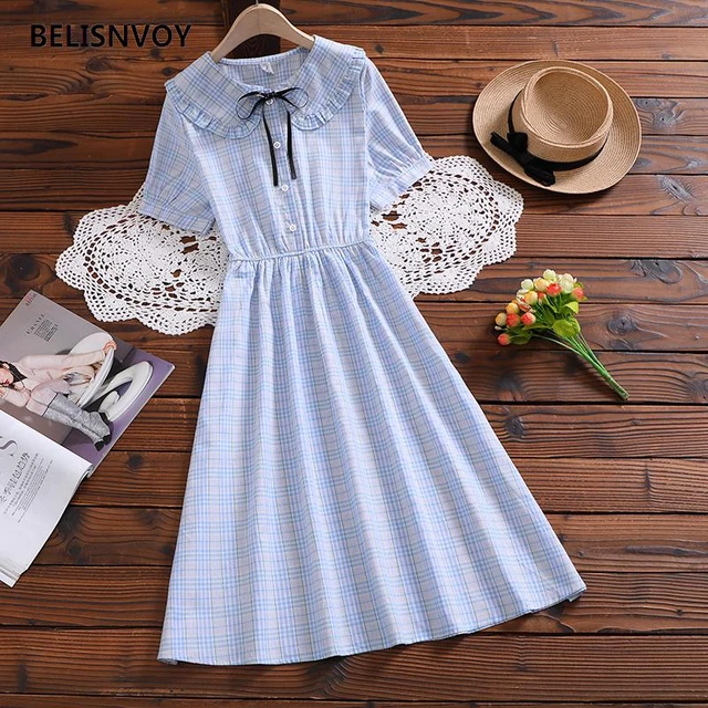 Women Summer Dress Female Vestidos Casual Plaid Dresses 2023 Plaid Print  Short Sleeve Peter Pan Collar Vestidos - AliExpress