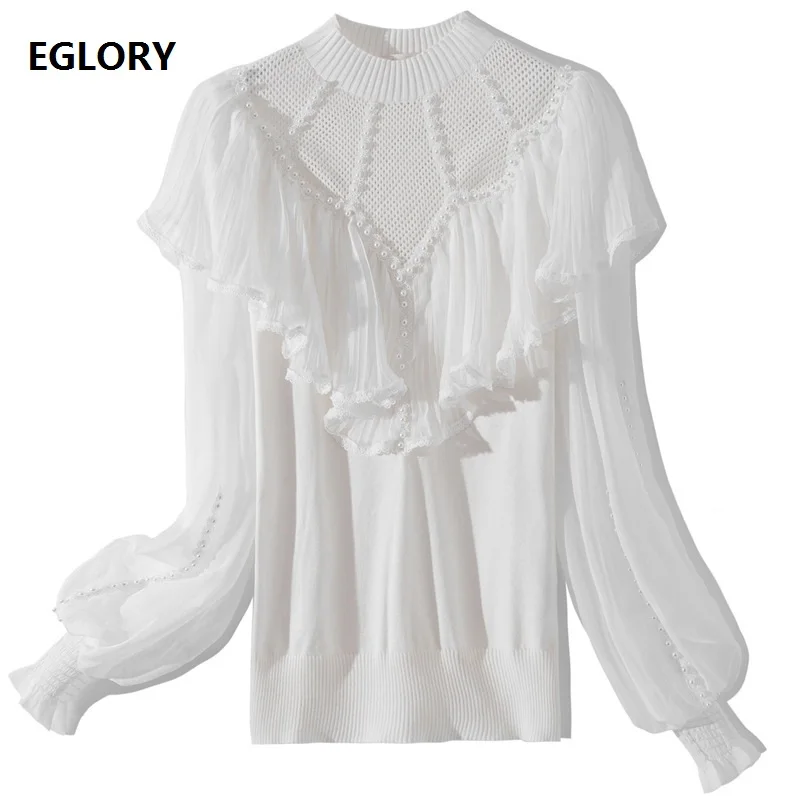 

Newest Fashion Sweaters 2020 Autumn Winter Runway Tops Women Hand Made Beading Ruffle Flowers Deco White Red Black Pullovers