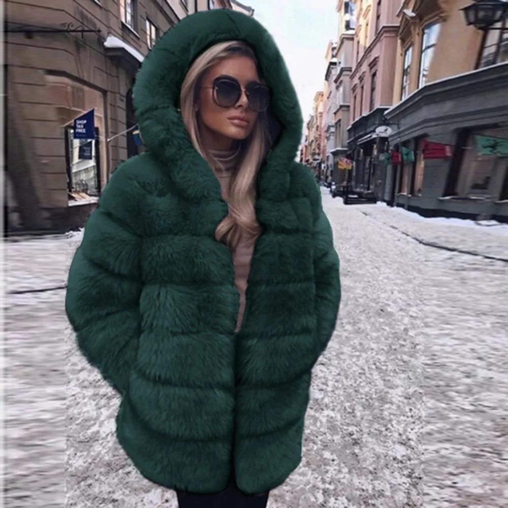 Winter warm Plush Faux Fur Coat Women fashion Hooded Autumn Winter Warm Overcoat High Quality Women Thick Faux fur Coat