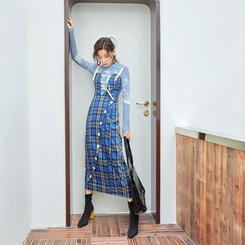 

Women Dress 2020 Spring And Winter Deep V Strap Irregular Split British Plaid Mid-Calf Empire Waist Female Dresses