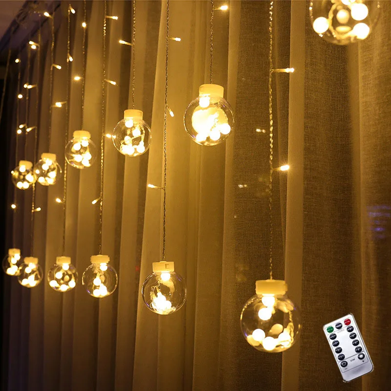 

2.5M 12 Balls LED Christmas Outdoor Fairy Lights Plug In Room Garland Curtain Remote Control For Wedding New Year Eve Decoration
