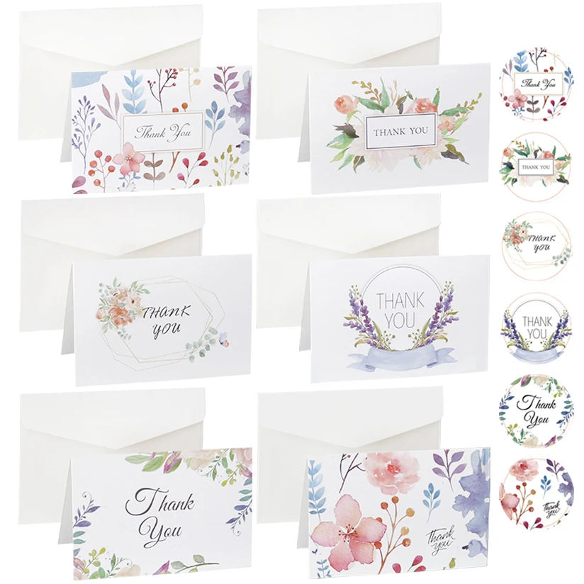 6sets Flower Thank you Cards Wedding Party Invitation Greeting with Envelopes Stickers Blank inside Postcard Folding | Дом и сад