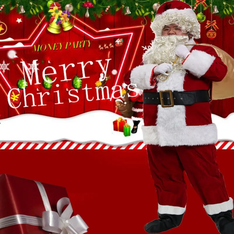 10 Pcs/Set Christmas Costume Adult Men Velvet Leather Santa Claus Clothes Set Tops Coats Pants Cap Glove Belt Shoe Gift Bag Y