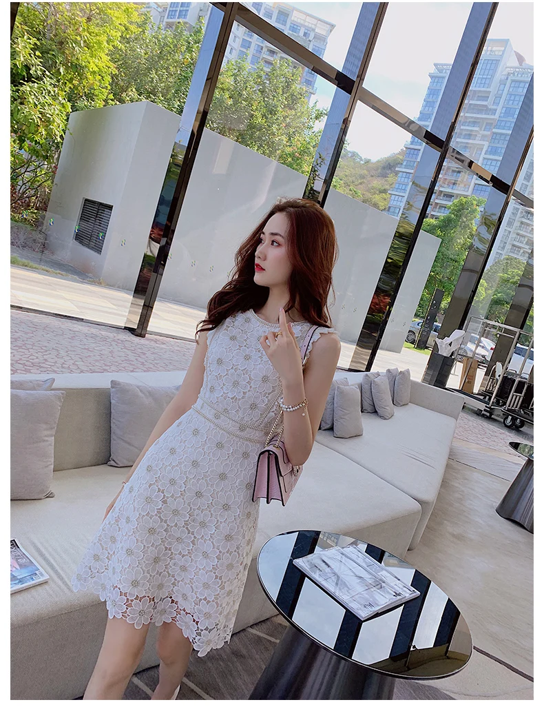 Women Lace Embroidery Dresses For Party 2021 Women'S Summer New Temperament Slim Round Neck High Waist Fashion Dress Office Lady