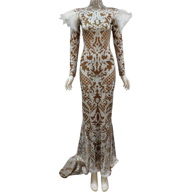 

High-end Stylish Sparkly Rhinestones White Feather Long Sleeve Trailing Dress Women Elegant Evening Prom Celebrate Party Dresses