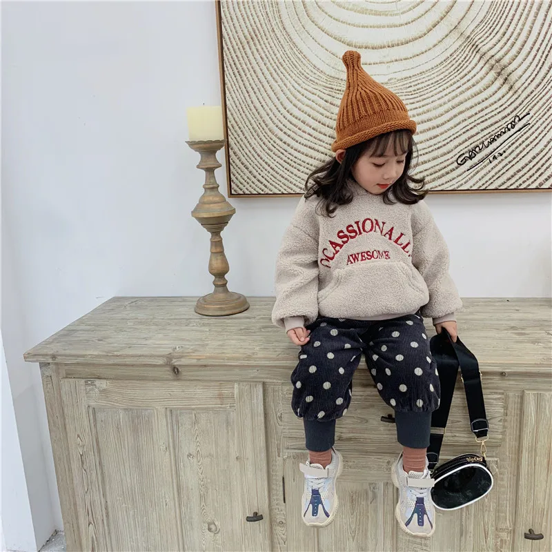 Winter New Arrival Korean style thickened letters embroidery hooded loose fur hoodie for fashion cute baby girls and boys