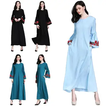 

Muslim Women Embroidery Long Maxi Dress Robe Abaya Flare Sleeve Dubai A-Line Dress Party Evening Elegant Gown Front Zipper New