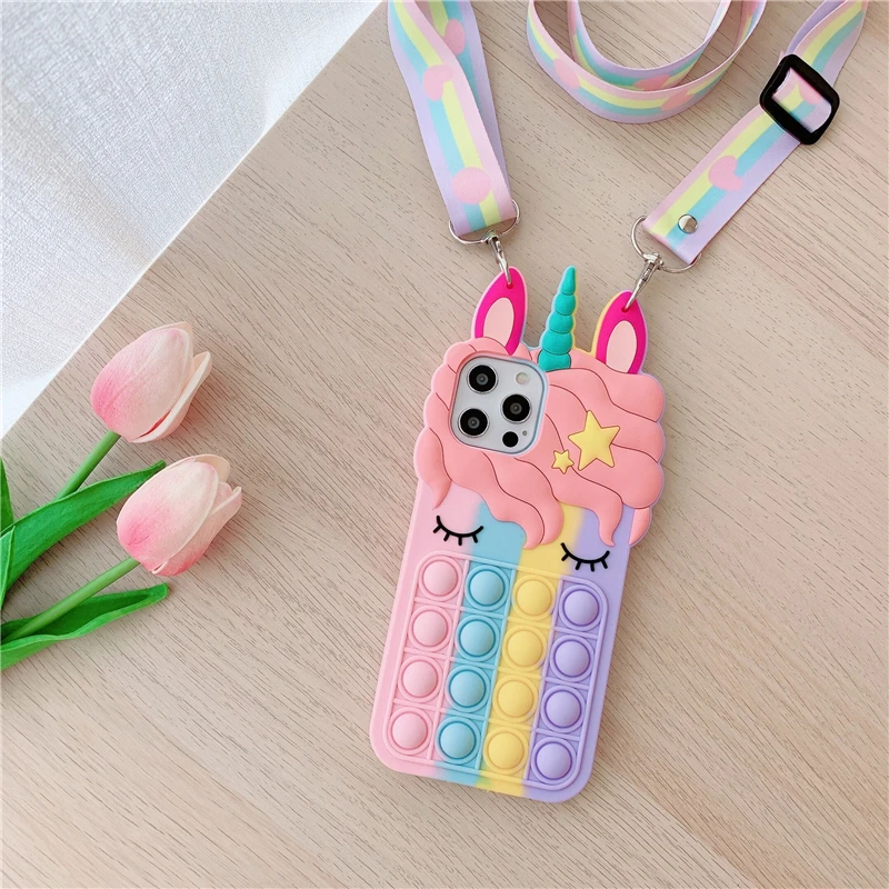 thumbnail image 1 of Pop Fidget Toys Bubble Case For iPhone 11 12 13 Pro X Xs Max XR 6 6s 7 8 Plus 5 5s SE Mini Cartoon Unicorn Soft Silicone Cover, 1 of 5