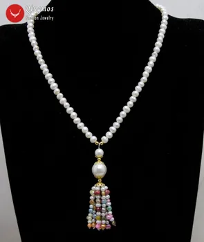 

Qingmos Natural 6-7mm Round White Pearl Necklace for Women Baroque Multicolor Pearl Tassel Pendant Necklace Long Necklace 20''