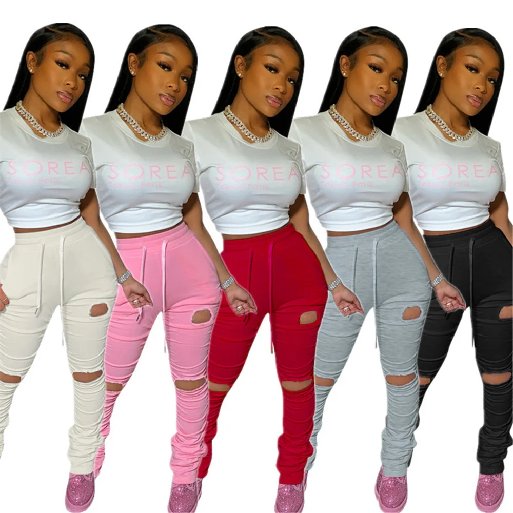 

Stacked Sweatpant for Women Autumn Slim Solid Drawstring Holes Female Joggers Pants Fashion Ladies Clothes