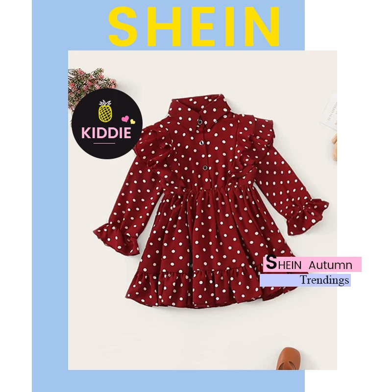 SHEIN Kiddie бордовый горошек для маленьких девочек милое платье Дети Осень Рукав-Волан юбка с оборками с завышенной талией подол короткие платья