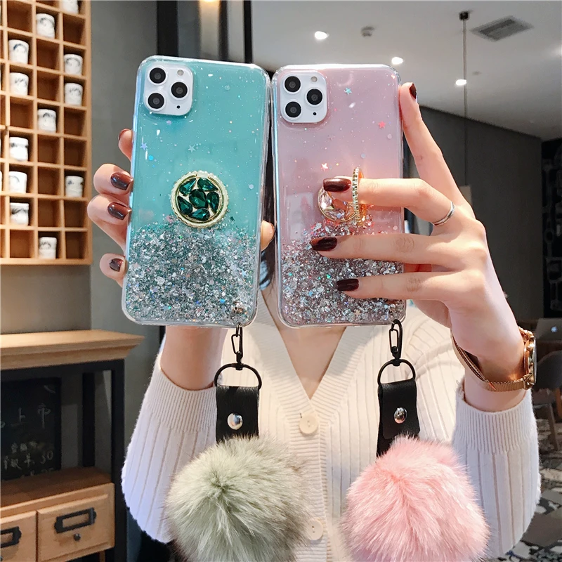 3D Diamond Holder stand Glitter Hairball soft phone case for iphone X XR XS 11 Pro Max 6 7 8 plus samsung S8 S9 S10 Note A50 |