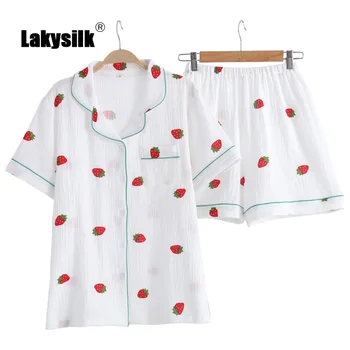 

100% Cotton Pajamas Sets Female Summer Short Sleeve Shorts Two-piece Set Cute Cartoon Print Thin Large Size Women's Homewear