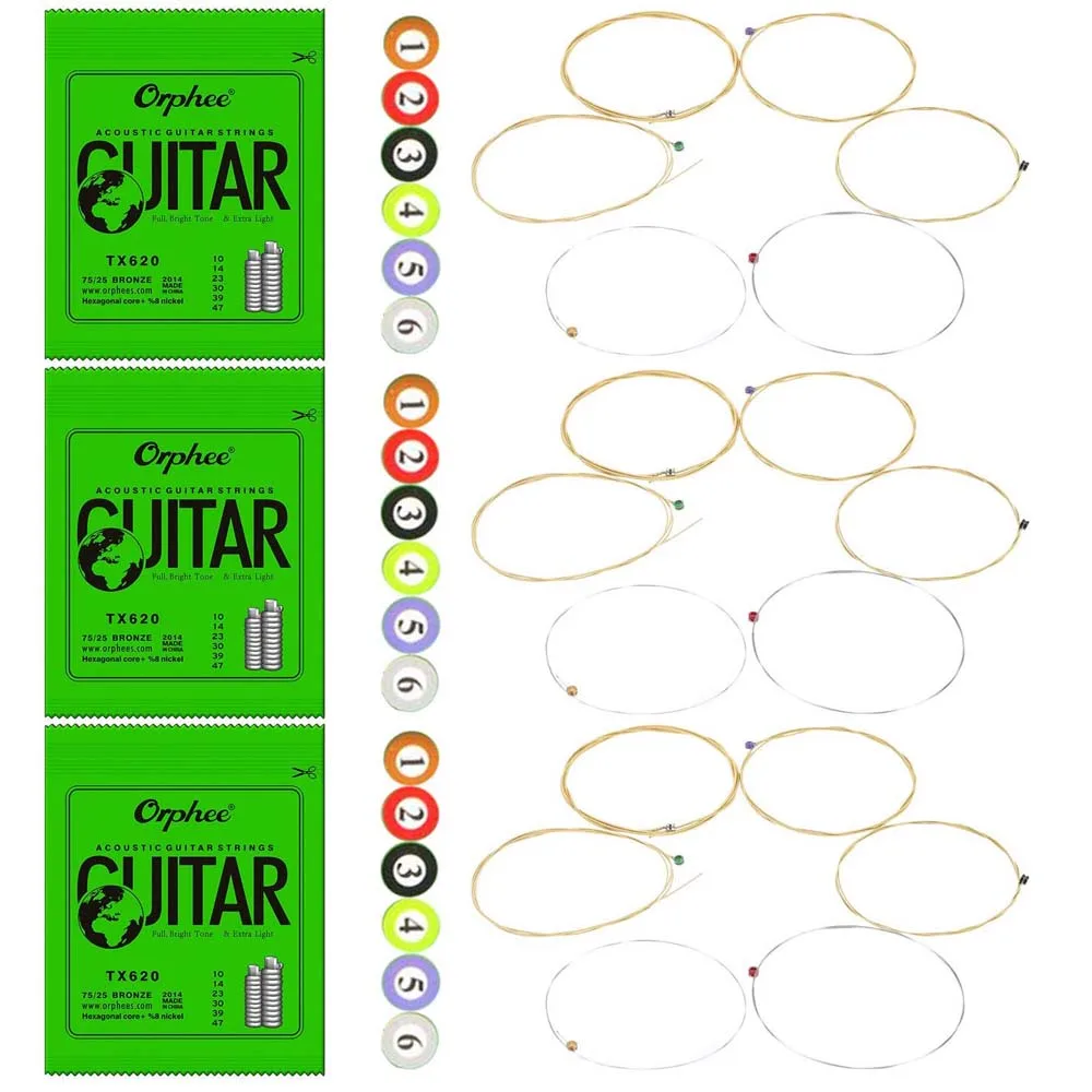 6 шт./компл. Orphee Струны для акустической гитары TX620 TX630 TX640 Фосфорная бронза шестигранный сердечник струна для гитары красочный шариковый конец