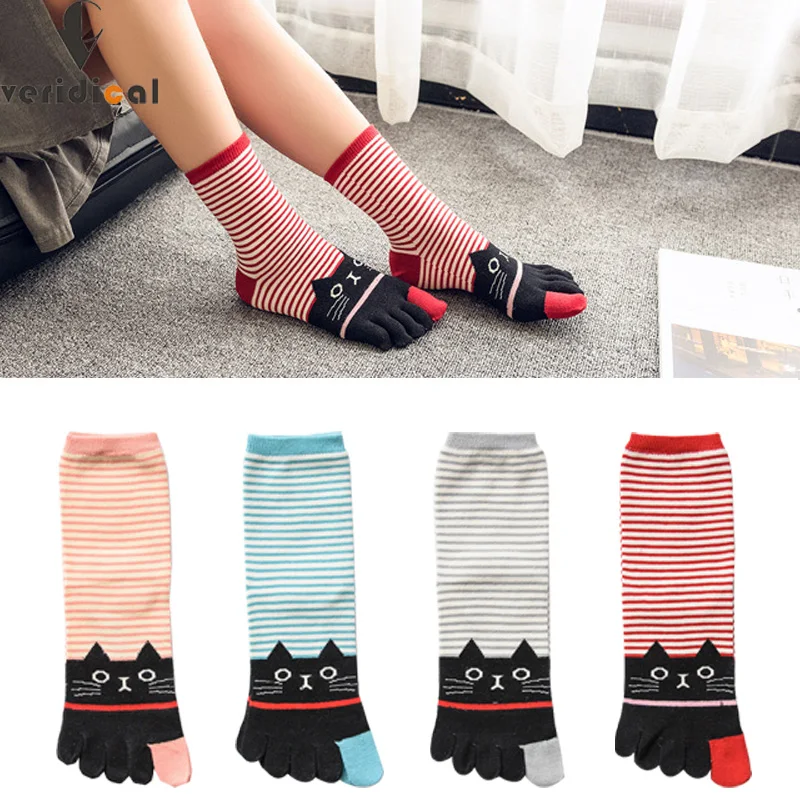 5 Pairs Women Toe Short Socks Cotton Striped Cat Cute Young Casual Sweat-Absorbing Breathable 5 Finger Harajuku Happy Socks