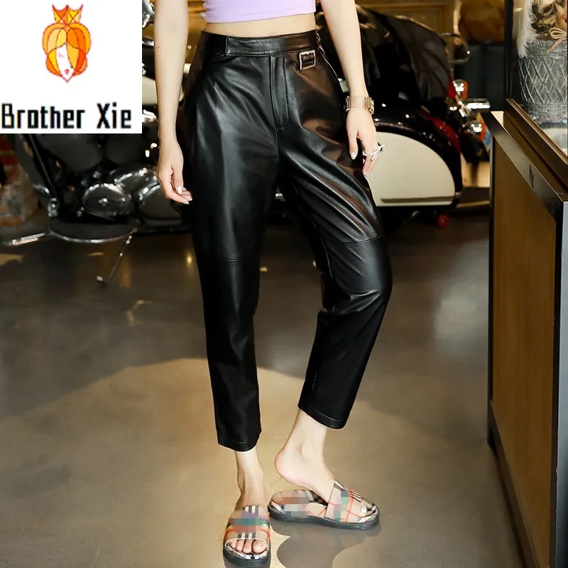 

High Quality Women Genuine Leather Pants High Waist Ankle Length Trousers Female Joggers Casual Sheepskin Leather Harem Pants