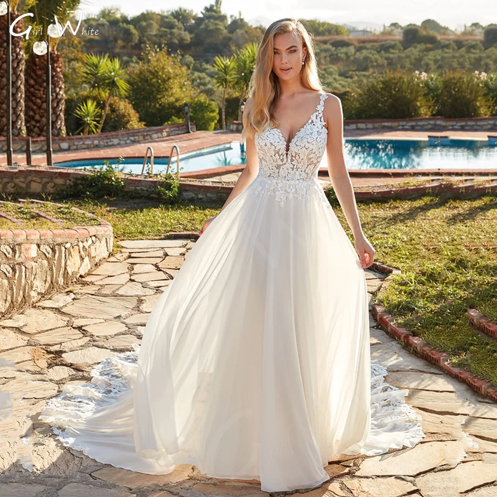 

New Romantic Flower Lace Wedding Dresses A Line Sexy Illusion Back Bride Robes Coutr Train Spaghetti Sleeveless Vestido De Novia