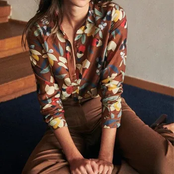 

2020 New Women Long Sleeve Shirts Single Breasted Turn Down Collar Flower Printed Ladies Casua Sweet Blouse Tops