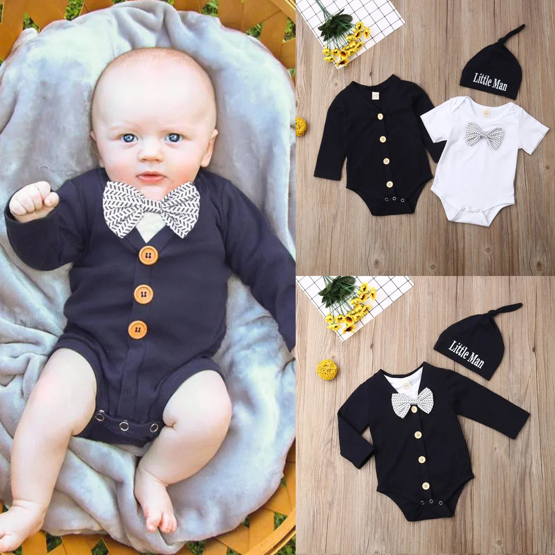 Осенняя одежда для новорожденных мальчиков, США одежда для джентльмена комбинезон с галстуком-бабочкой+ шапочка, комплект одежды из 3 предметов