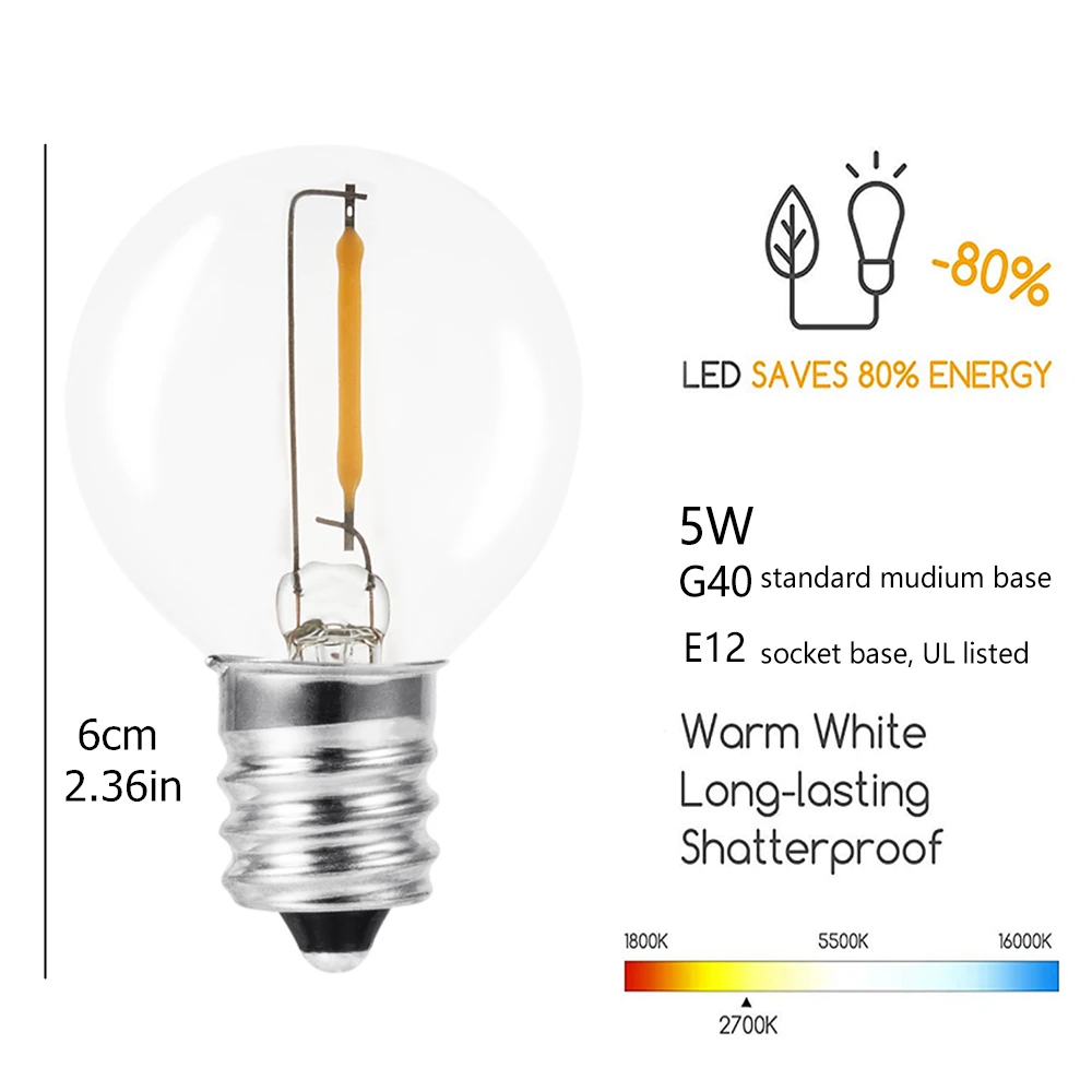 Garden Solar Light Garland Bulb Edison String Lights G40 Retro Glass Lamp For Outdoor Waterproof Party Lighting 5/10 Meters
