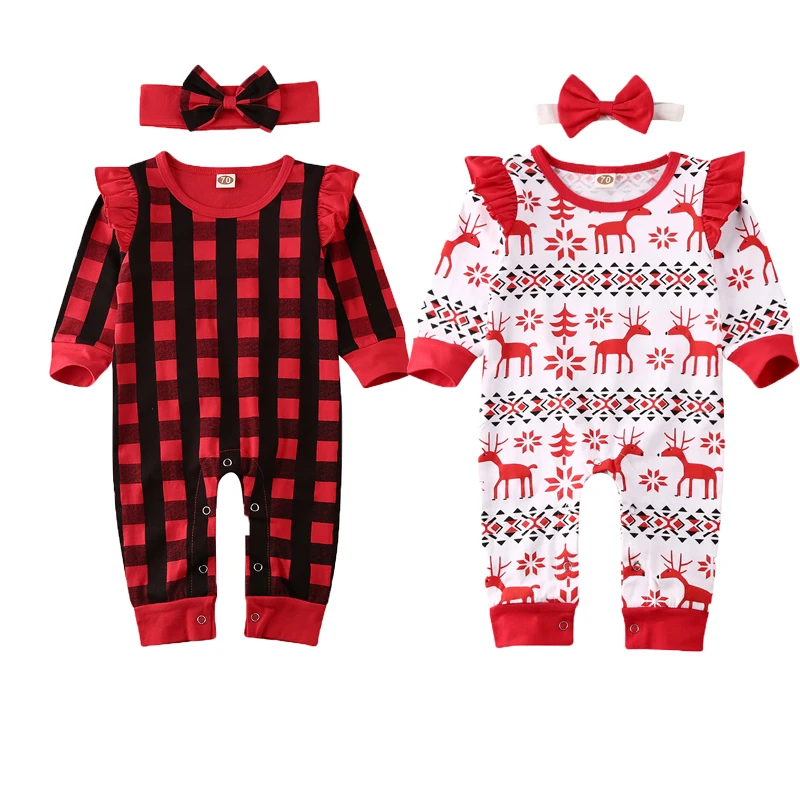 My 1st Christmas/комбинезон для маленьких девочек и мальчиков; повязка на голову; комплект из 2 предметов; комбинезон в клетку с принтом оленя; комплект рождественской одежды