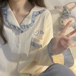 QWEEK Sweet Heart Home Clothes Autumn Pajama Woman Winter Trouser Suits Embroidery Sleepwear 2 Pieces Set Korean Style