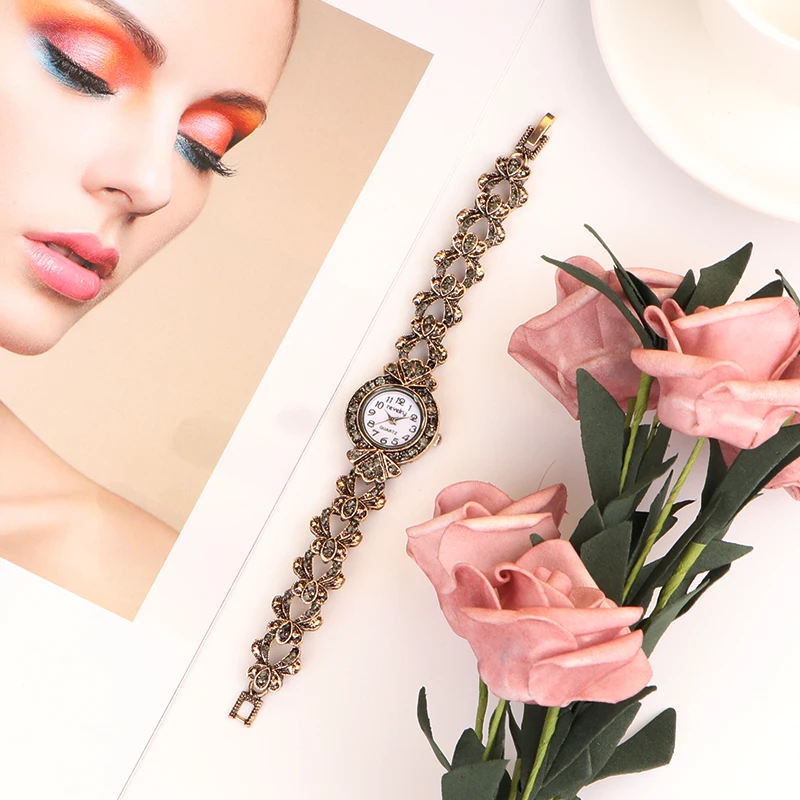 QINGXIYA Лидер продаж Древний золотой браслет часы для женщин Дамская мода сияющий кристалл платье кварцевые наручные часы Стразы Часы
