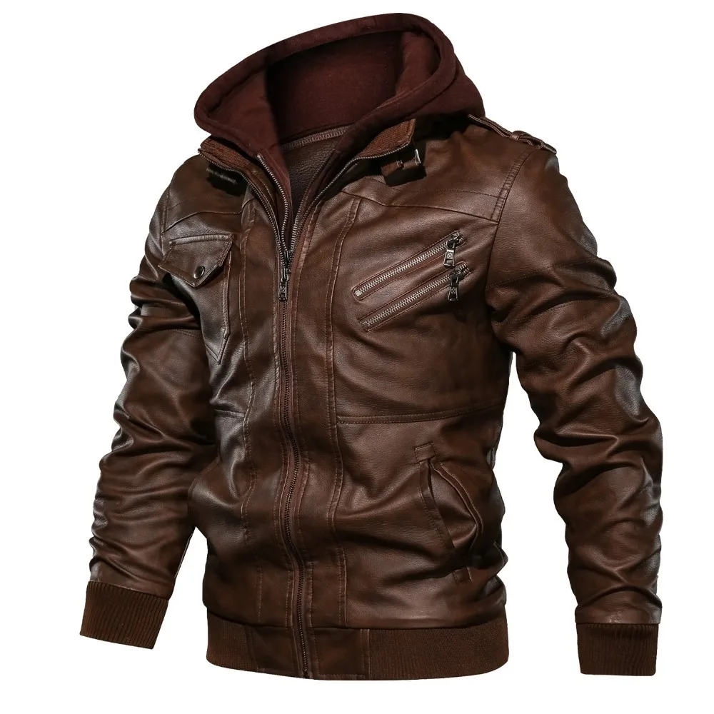 2022 Autumn Winter Men's Motorcycle Leather Jacket Windbreaker Hooded Jackets Male Outwear Warm Biker PU Jackets EU Size 3XL mens brown leather jacket