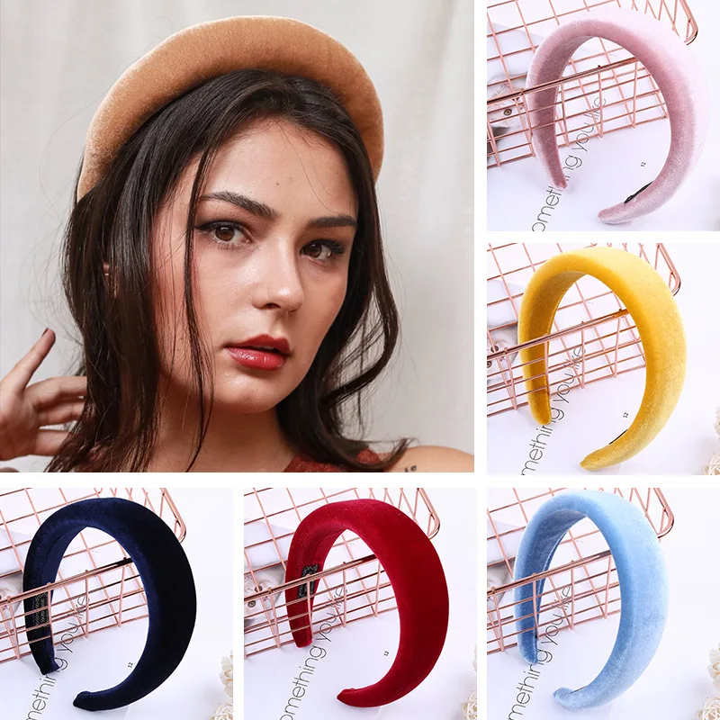 

2019 Women Padded Wide Sponge Velvet Headband Sweet Candy Color Hair Hoop Vintage Party Stretchy Thick Headpiece