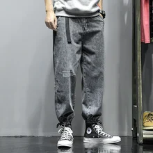 Осенние джинсы мужская мода повседневная с буквенным принтом Джинсовый пояс брюки уличная свободные хип хоп прямые джинсовые брюки мужские s M-5XL