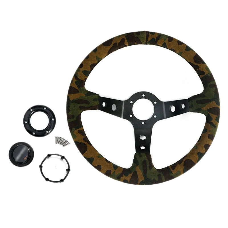 

350mm 14 Inch Universal Racing Car Deep Dish Suede Green Camouflage Steering Wheel