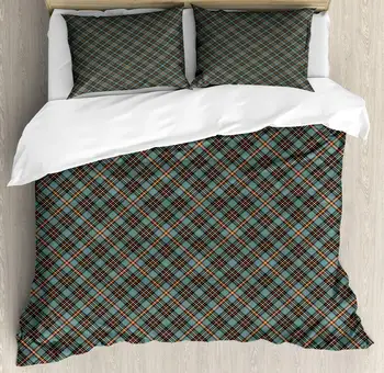 

Abstract Duvet Cover Set Classical and Plaid Inspired Layout 3 Piece Bedding Set Dark Salmon Pale Green Grey Teal and Dark