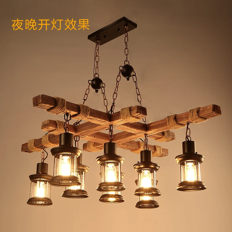 Nordic living room, creative wood chandelier, American retro hotel light