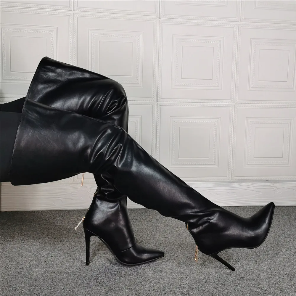 Kolnoo New Large Size Women Stiletto High Heel Over Knee Boots Faux Leather Pointy Sexy Thigh-High Boots Evening Fashion Shoes