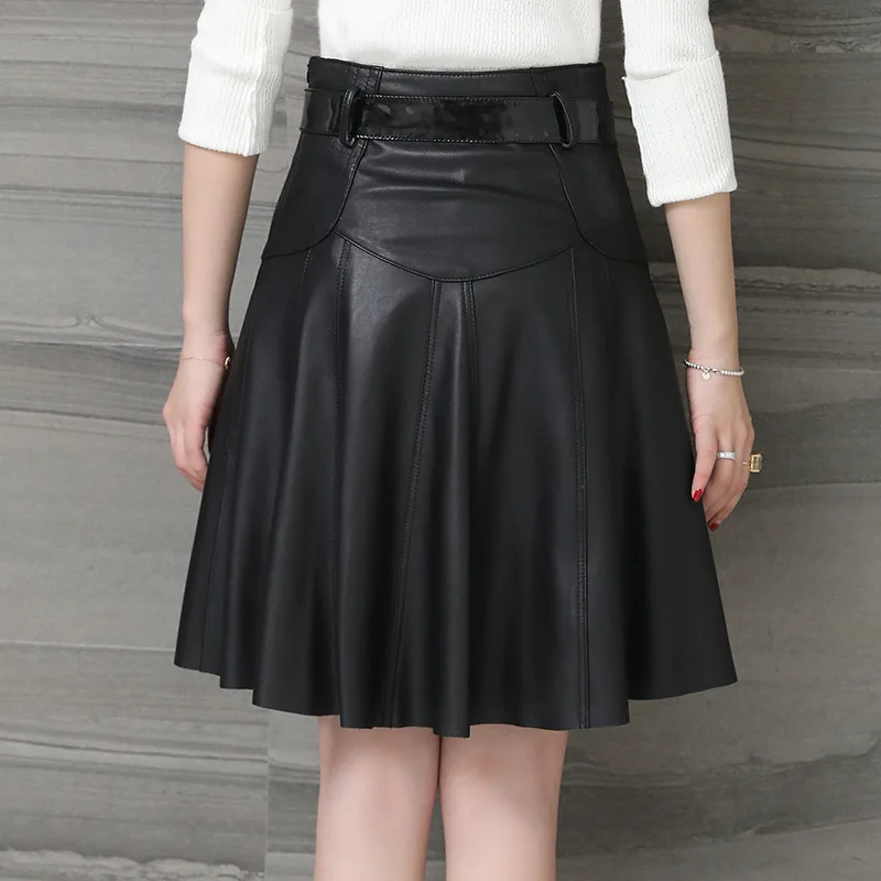 

Women's Leather Skirt Spring Autumn Real Sheepskin Mini Skirts Womens Vintage Elegan Pleated Skirt Plus Size Jupe Femme MY2467