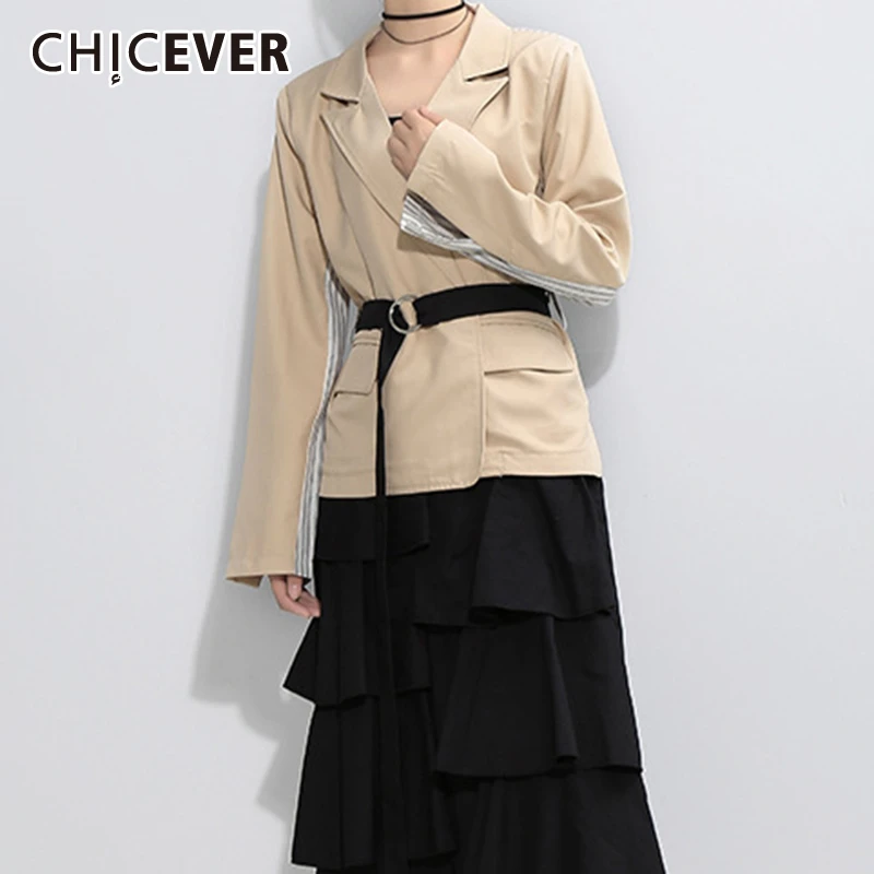 CHICEVER, корейский стиль, лоскутные женские блейзеры в полоску, зубчатый длинный рукав, высокая талия, пояс, хит цветов, женские блейзеры, осень, новинка