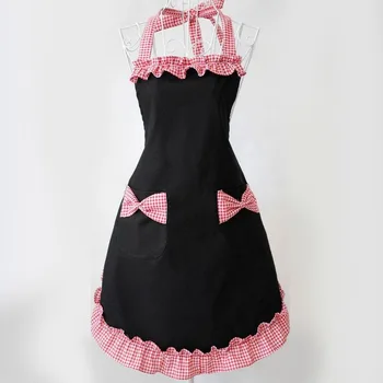 

Black and Red Retro Woman Girl Kitchen Cotton Apron with Pockets Cooking Salon Pinafore Vintage Apron Dress 69cm x 71cm