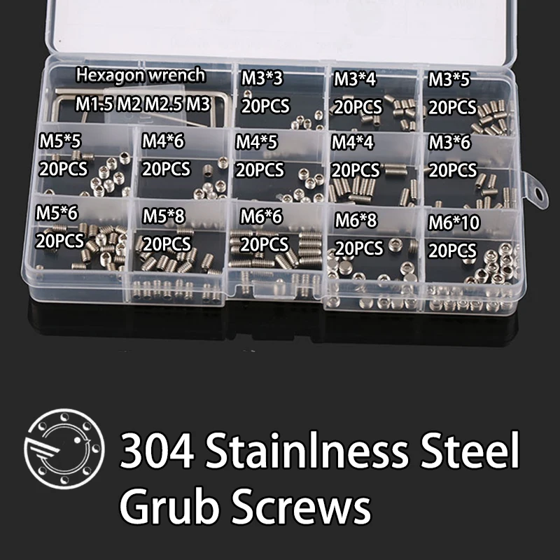 

260Pcs M3 M4 M5 M6 304 Stainless Steel Metric Thread Grub Flat Point Hexagon Socket Set Screws Headless Assortment Kit DT2