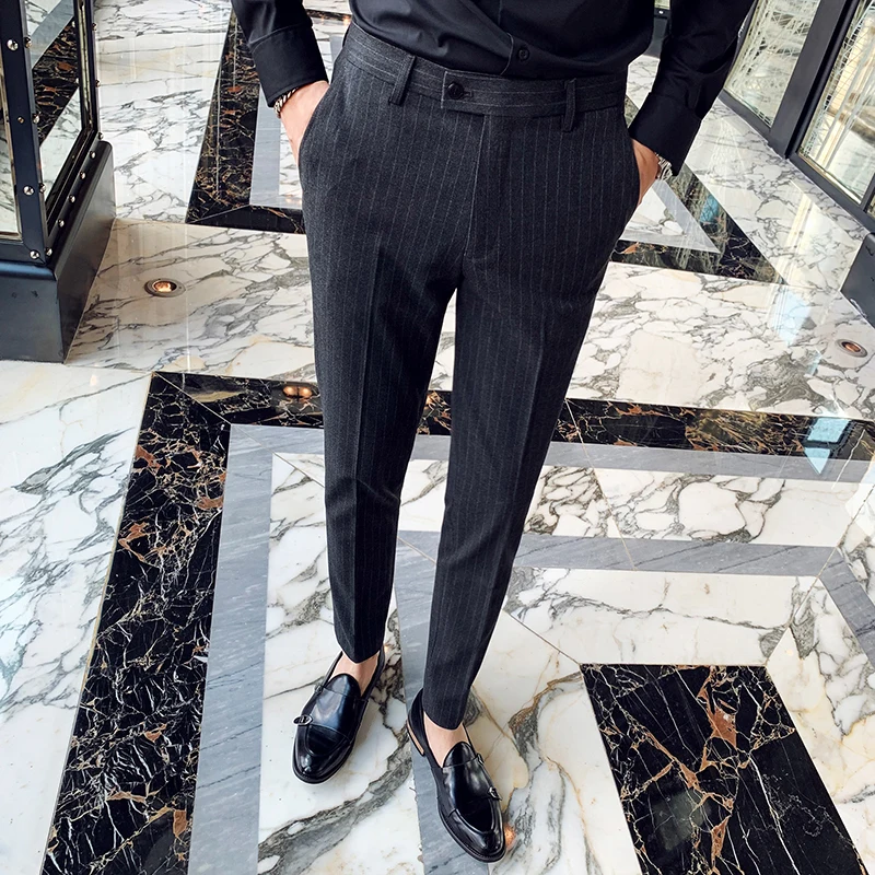 Men Suit Pants 2020 New Fashion Slim Fit Stripe Print Flat Front Stretch Dress Straight Cotton Business Formal Trousers | Мужская одежда