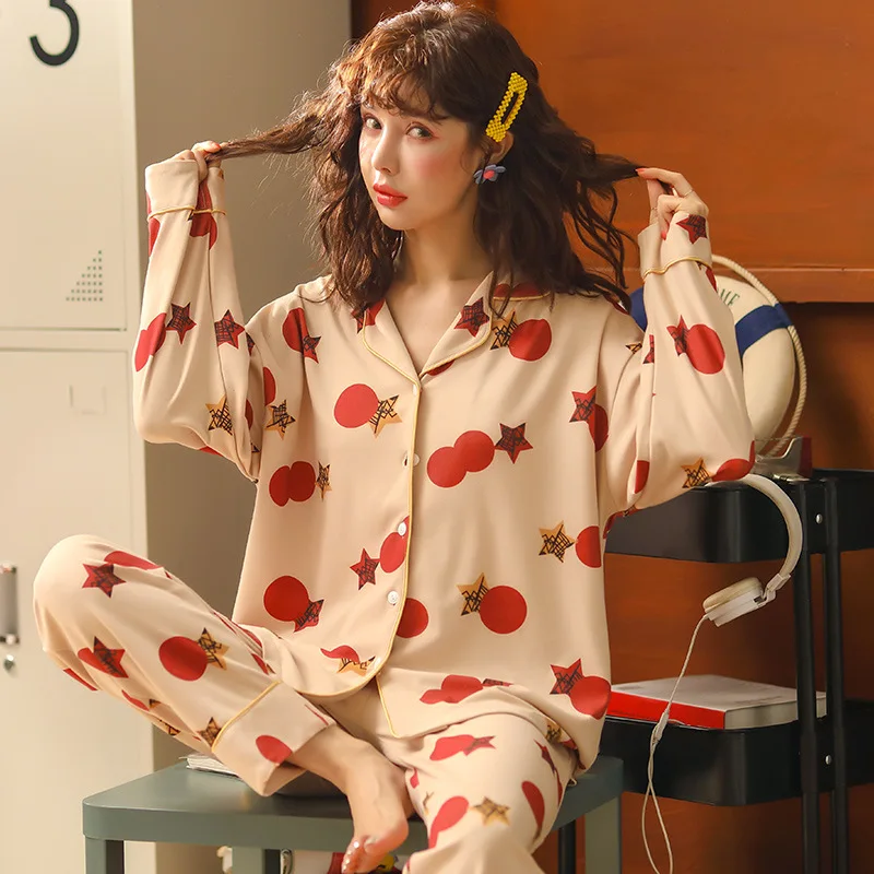 

B2214 # Red Circle Five-pointed Star Cardigan MZ Long Sleeve Sweet Pajamas Homewear Set Series