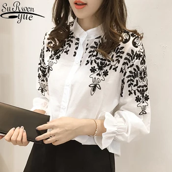 

2019 New Arrival Tops Fresh Style Fashion Female Embroidery Flowers Blouse Cotton Korean Casual Women Tops Shirt 529E 25