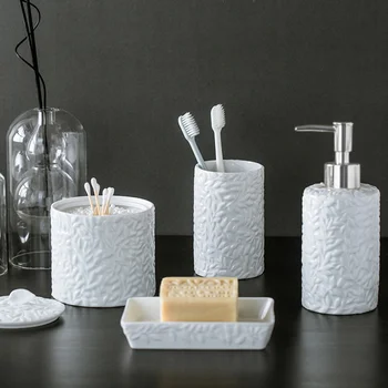 

Embossed Flower Ceramic Bathroom Accessories Mouthwash Tooth Cup Soap Dispenser Pump Bottle Soap Box Modern Washing Tool