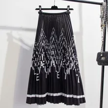 Женская богемная атласная юбка с цветочным принтом с волнами и буквами, блестящая Органическая Плиссированная Юбка-миди для отдыха на пляже черного и красного цветов