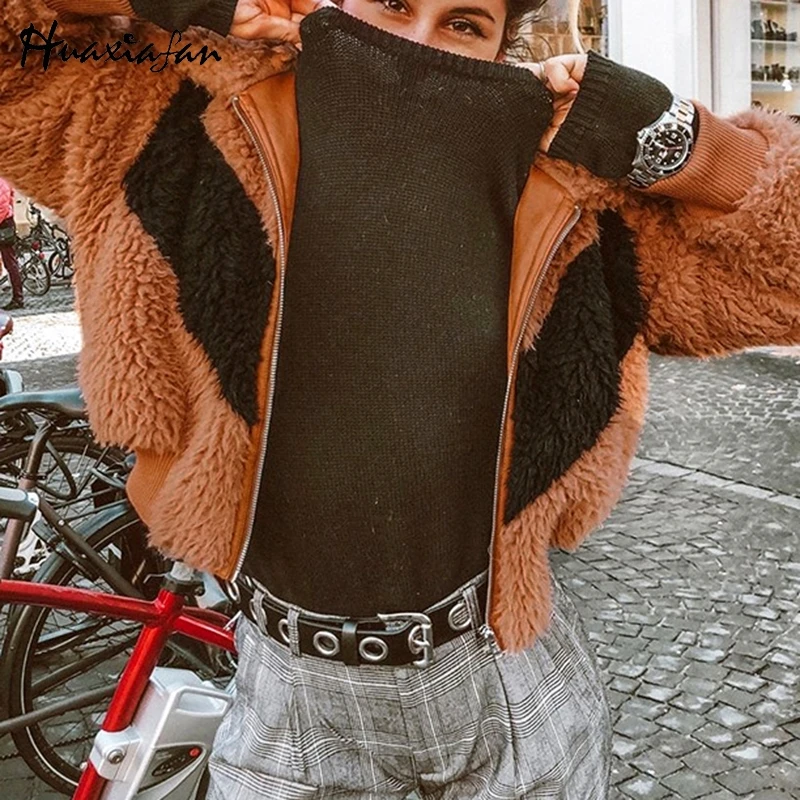 

Huaxiafan Winter Warm Fluffy Faux Fur Coats Jackets Women Furry Fake Fur Cropped Jacket Turn Down Collar Open Front Overcoat