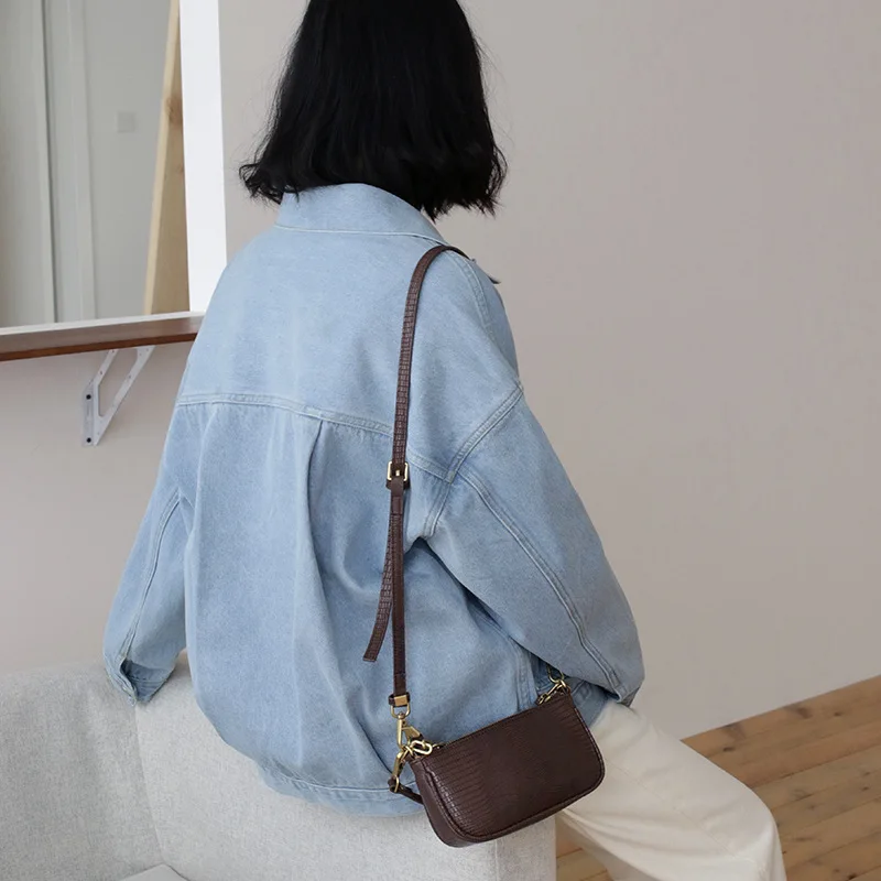 

Wechat Business Special for 2019 Autumn And Winter New Style Fold-down Collar Loose-Fit Jeans Coat Retro Solid Color Slip-Buckle