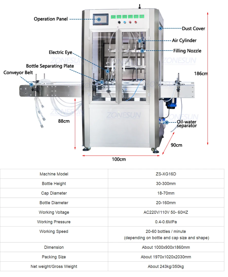 ZONESUN ZS-FAL180AD Automatic Bottle Filling And Cork Pressing Capping Machine  6 Head  With Dust Cover Red Wine Production Line