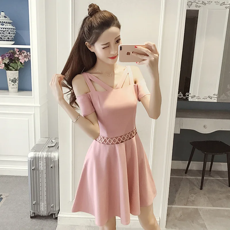 

2019 Summer New Style Korean-style Debutante Elegant Slim Fit Horizontal Neck off-Shoulder Slimming Dress Women's