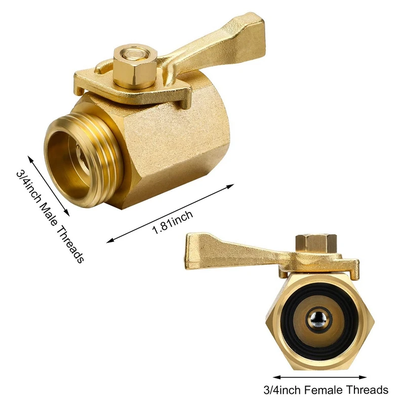 3/4 Inch Brass Long Handle Shut Off Valve Garden Hose Connector with 6 Extra Self Locking Washers and 2 Roll Sealing Tape