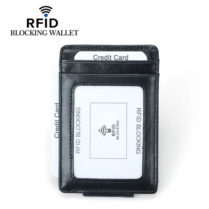 Зажим для денег, передний карман кошелек, кожа RFID Блокировка Сильный Магнит Тонкий кошелек черный